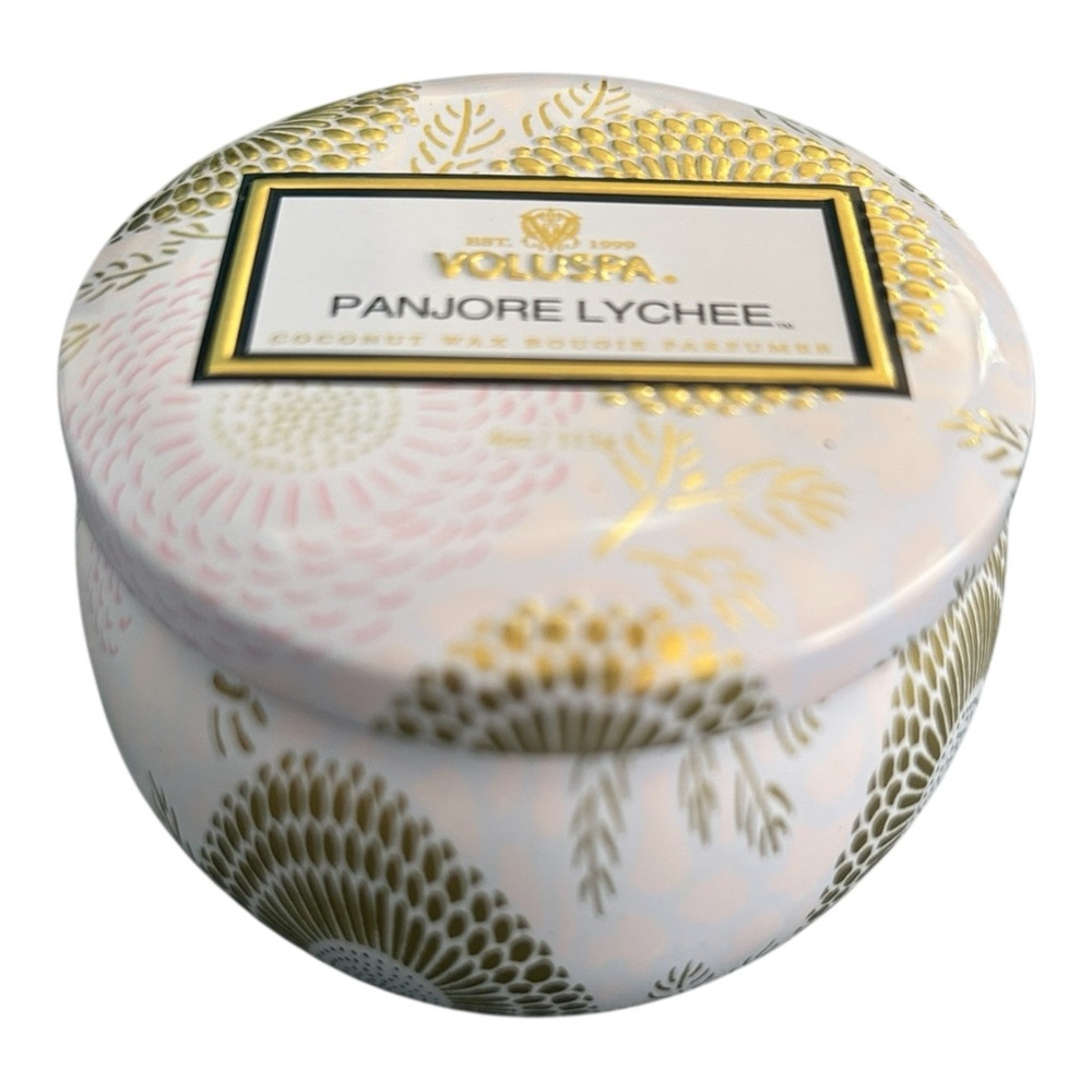 NEW Voluspa Panjore Lychee 4oz. Candle Coconut Wax Bougie Purple Gold Tin GIFT
